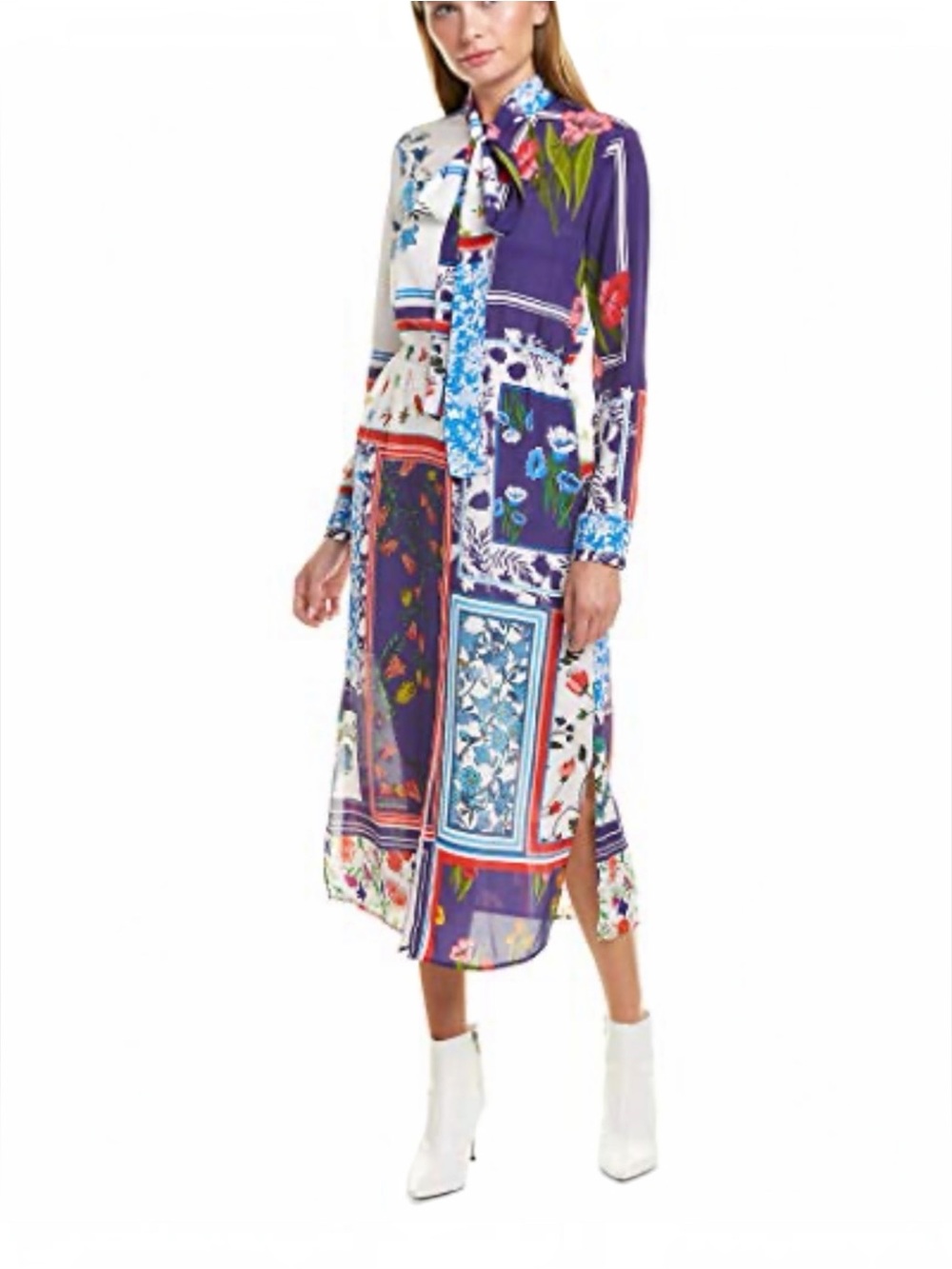 ESCADAFloral Patchwork Tie-Neck Midi Dress in Purple